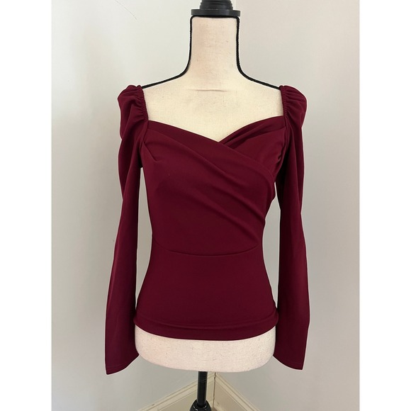 SHEIN Tops - Long Sleeve Puff Shoulder Blouse Small Sweetheart Neck Vamp Wine Red Romantic
